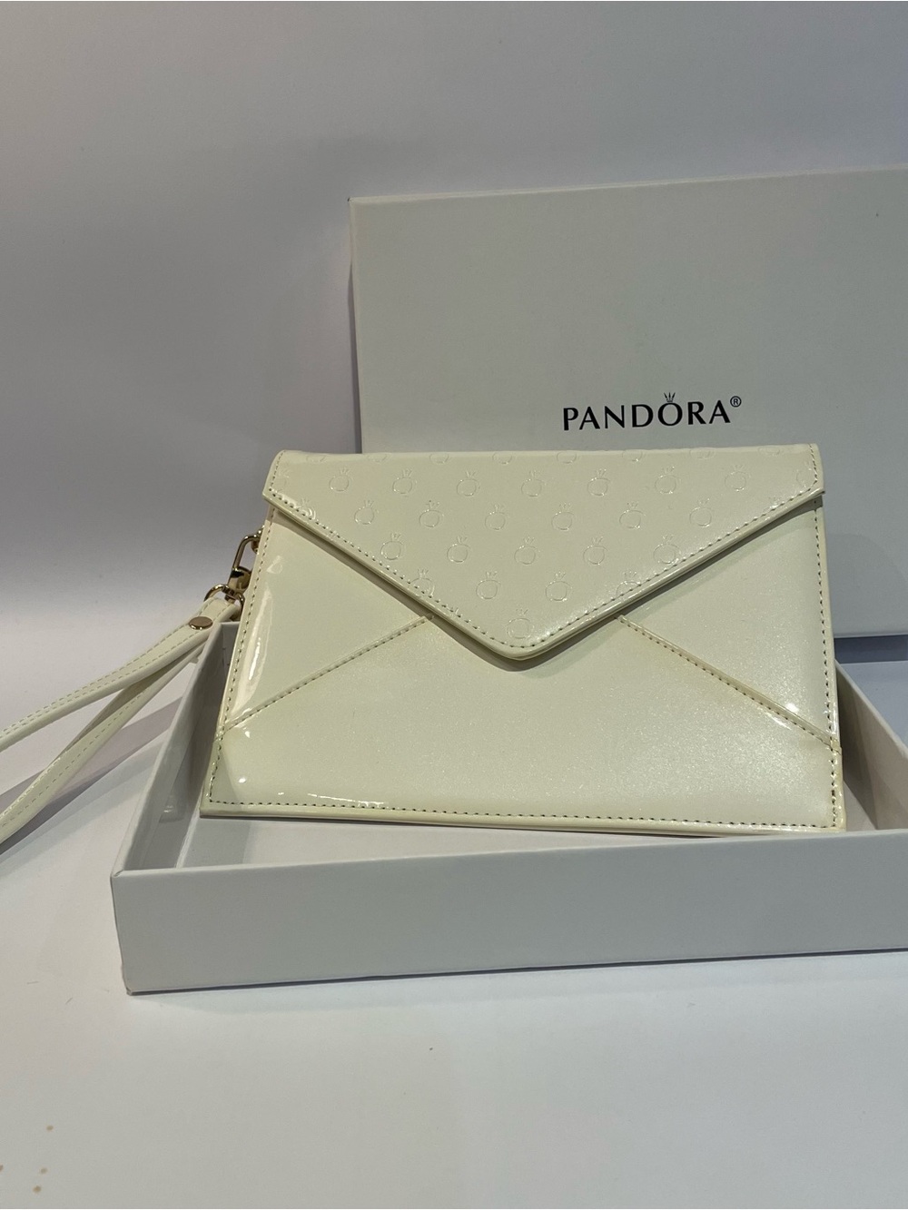PANDORA Ivory Envelope Clutch Purse with Wristlet Strap and Box